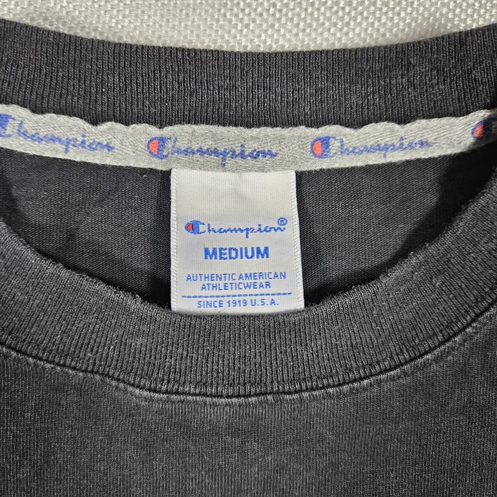 VTG Champion Mens Script Logo Graphic T-Shirt Black Orange Medium Short Sleeve - Picture 3 of 6